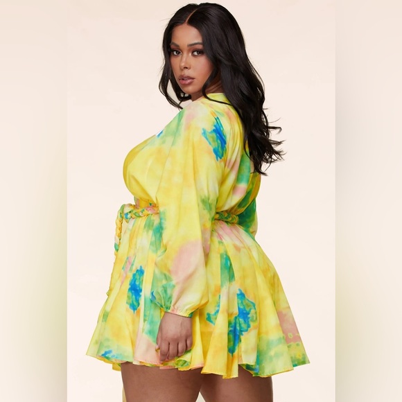 NWT PuteriaXO Plus Size Plunge Tie Dye Mini Dress with Braided Rope Belt - Picture 3 of 13